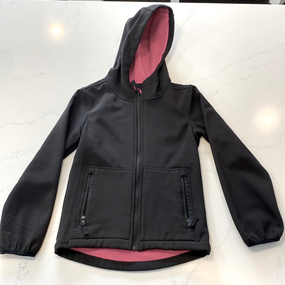 Black Spring Jacket with pink lining Girls size small (7-8)